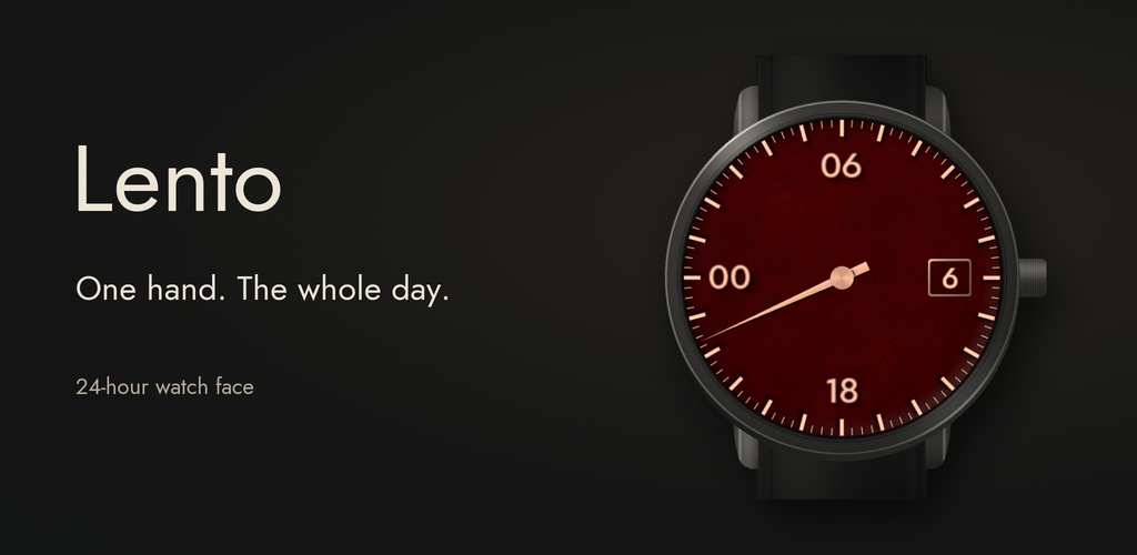 Lento promotional image: a 24-hour single-hand face in illustrative watch housing.