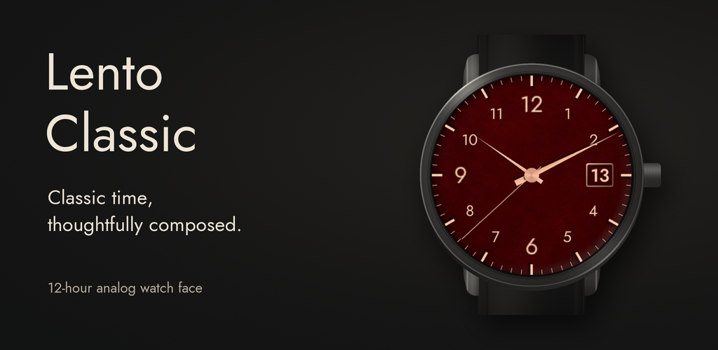 Lento Classic promotional image: a 12-hour analog face in illustrative watch housing.